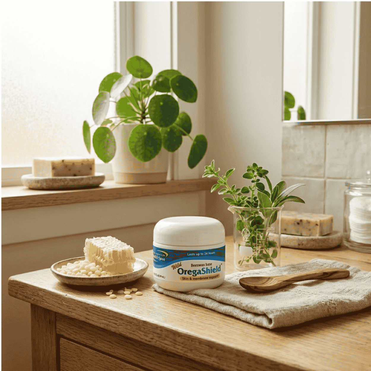 White jar of OregaShield balm on a wooden table next to a honeycomb, wooden spoon, fresh herbs, and houseplants by a window.